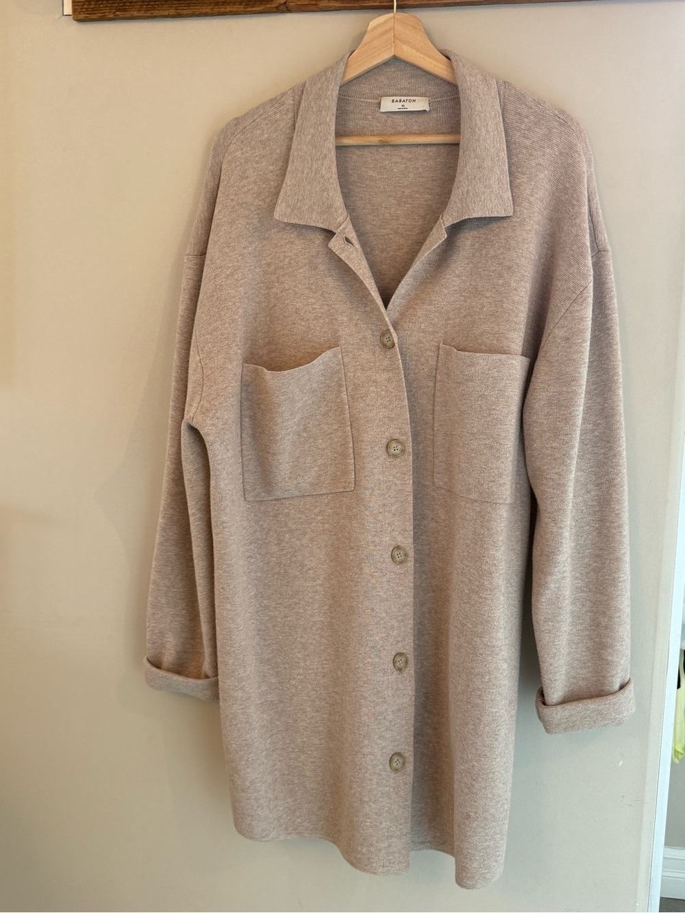 Babaton Neutral Taupe Button-Front Knit Shirt Jacket